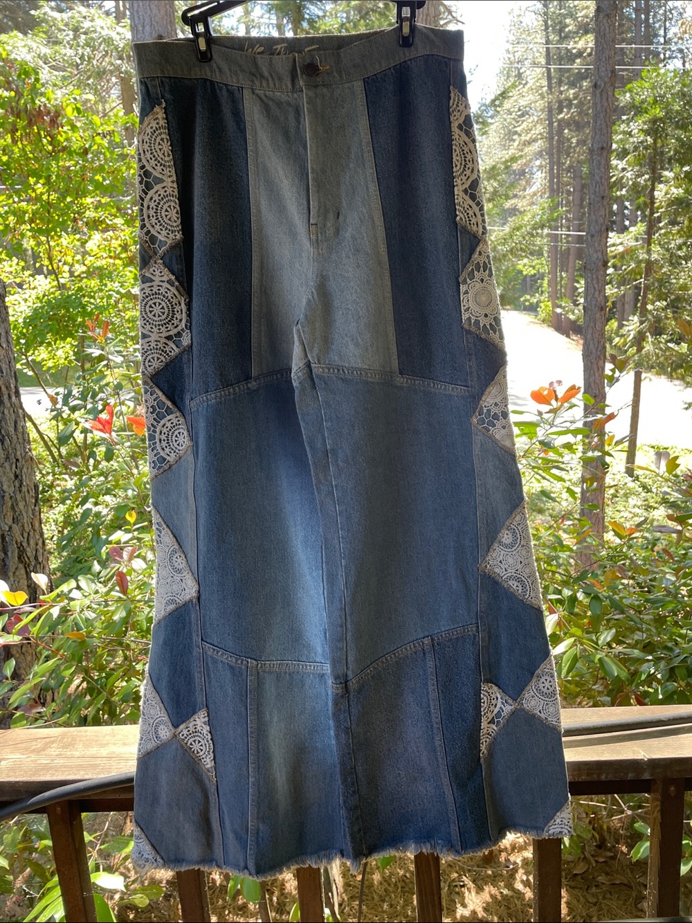 Free People Denim Patchwork Flare Jeans in Blue
